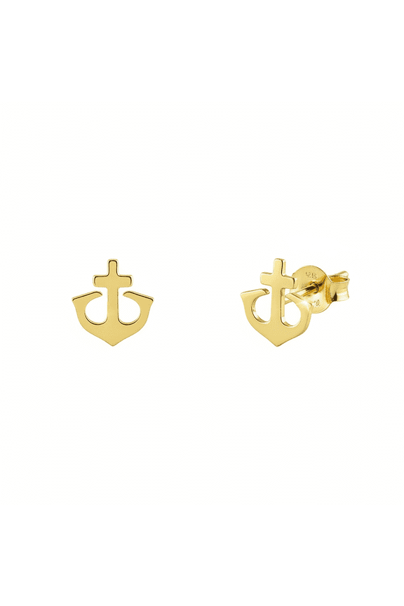 14K Solid Gold Womens Dainy Nautical Anchor Stud Earrings - 0.25in