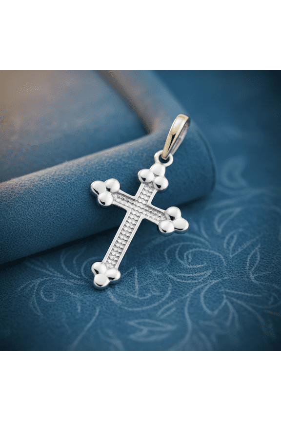 14K Solid White Gold Bottany Cross Pendant for Women & Teens
