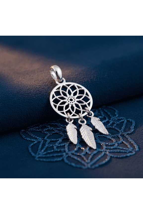 14K Solid White Gold Dream Catcher Pendant for Women & Teens