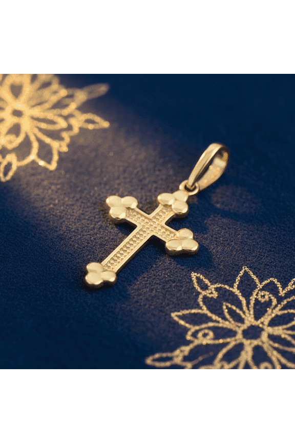 14K Solid Yellow Gold Bottony Cross Pendant for Women & Teens