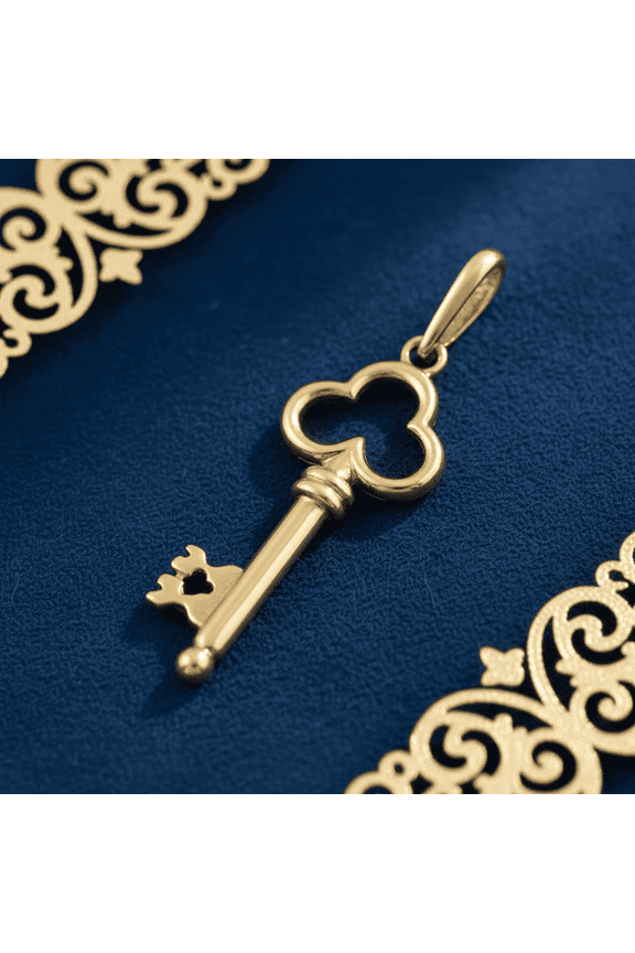 14K Solid Yellow Gold Clover Key Pendant for Women & Teens