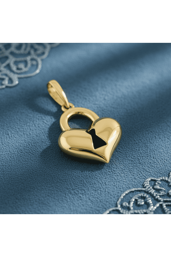 14K Solid Yellow Gold Lock Heart Pendant for Women