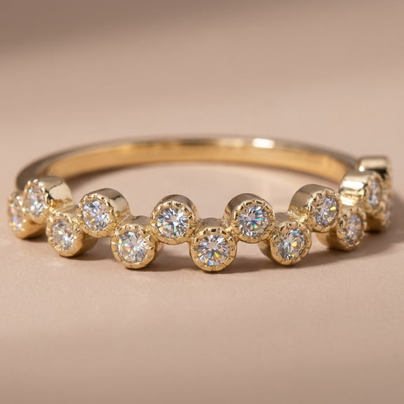 Vinali 14K Solid Yellow Gold Round Cubic Zirconia Bezel Set Ring for Women – Dainty Stackable Band - Size 5