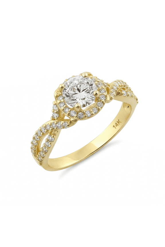 14K Solid Yellow Gold Twist Halo Engagement Ring for Women - 0.84ct Round Center Stone - Size 6