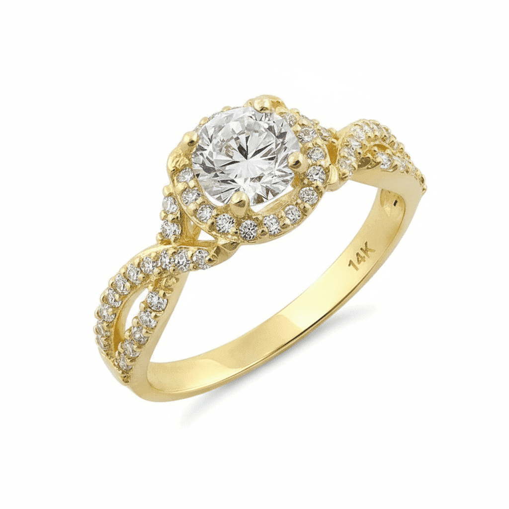 Vinali 14K Solid Yellow Gold Twist Halo Engagement Ring for Women - 0.84ct Round Center Stone - Size 6