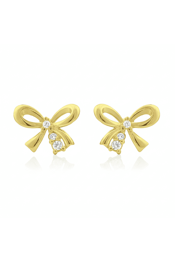 14K Solid Yellow Gold Women's CZ Dainty Ribbon Bow Stud Earrings, 0.35in