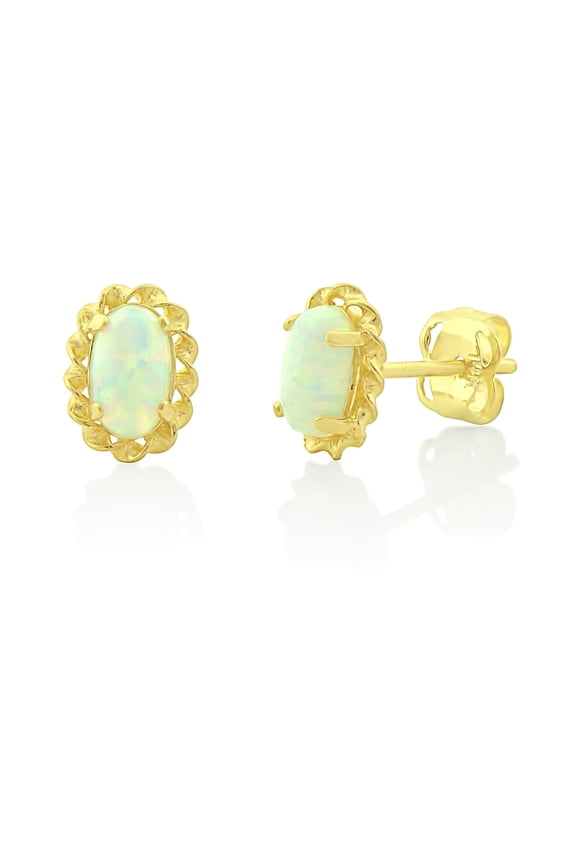 Oval Created Opal Stud Earrings, 14K Yellow Gold