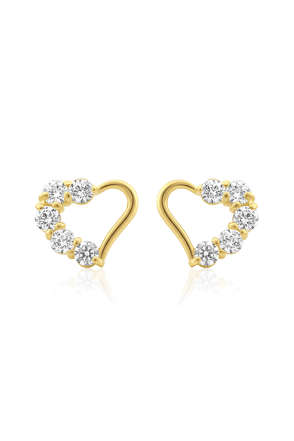 Women's 14K Solid Yellow Gold Dainty Hollow Heart Cz Stud Earrings