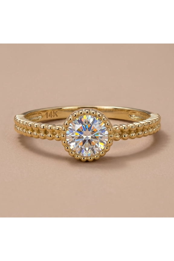 Solid 14K Yellow Gold Beaded Round CZ Ring for Women Size 10