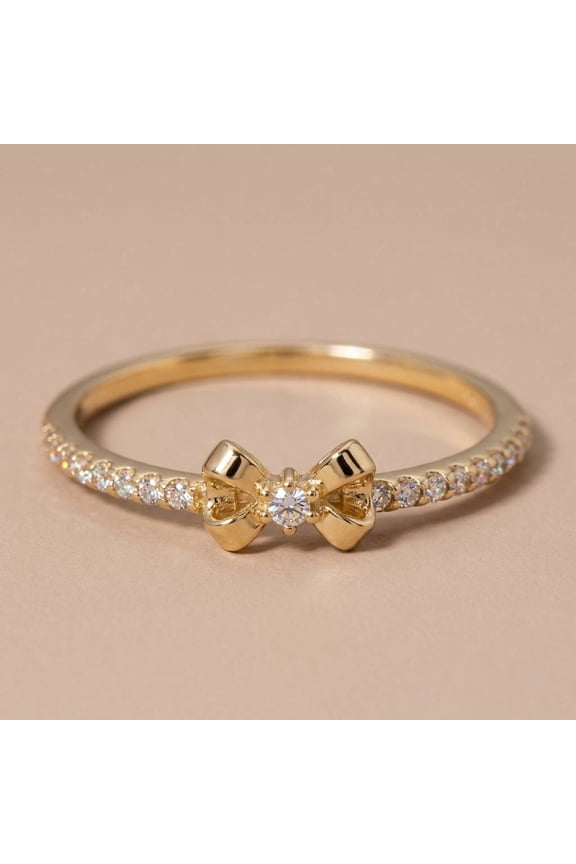 Solid 14K Yellow Gold Bow Ribbon Round CZ Ring for Women Size 9
