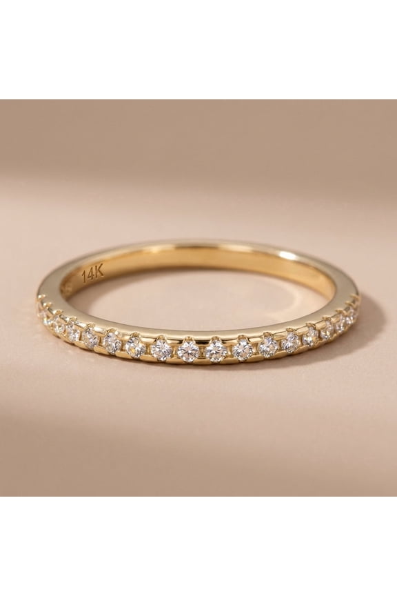 Solid 14K Yellow Gold Classic Half Eternity Round CZ Ring for Women Size 5