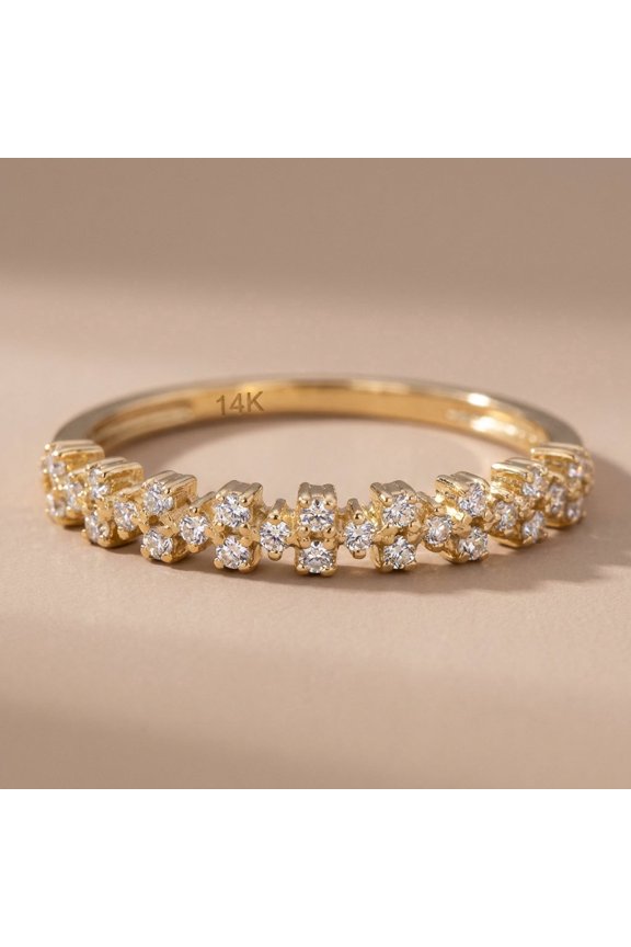 Solid 14K Yellow Gold Cluster Pattern Round CZ Ring for Women Size 6