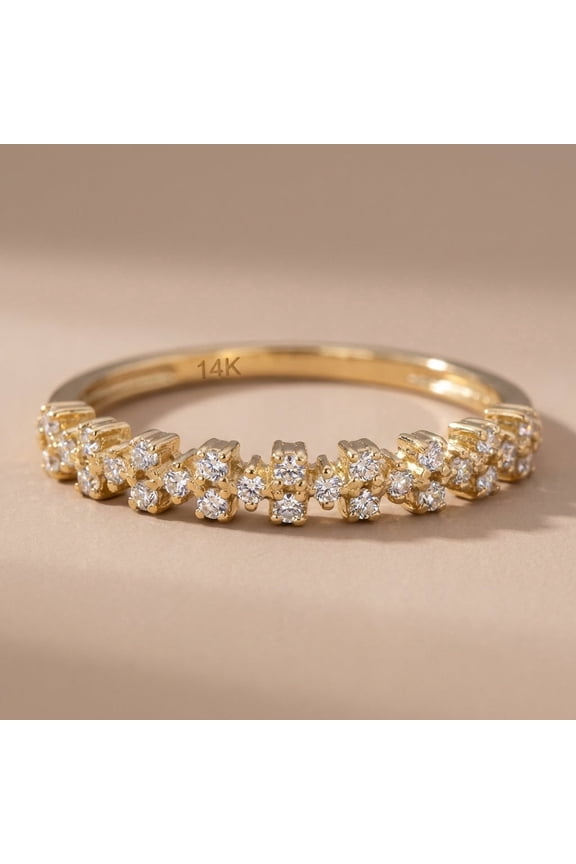 Solid 14K Yellow Gold Cluster Pattern Round CZ Ring for Women Size 9