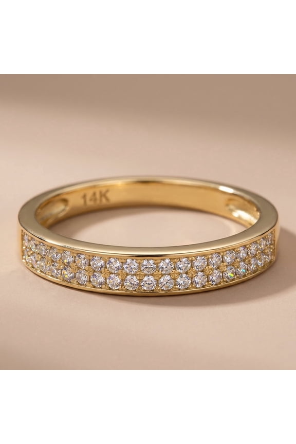 Solid 14K Yellow Gold Double Row CZ Ring for Women Size 10