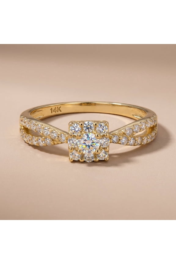 Solid 14K Yellow Gold Modern Square Round CZ Ring for Women Size 8