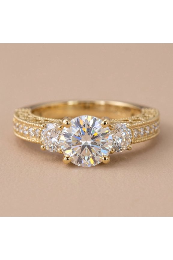 Solid 14K Yellow Gold Round CZ Three Stone Ring with Pavé Band for Women Size 8