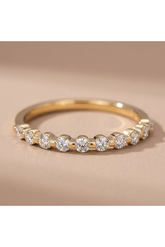 Solid 14K Yellow Gold Row Round CZ Ring for Women Size 9