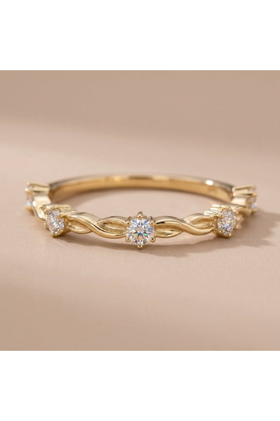 Solid 14K Yellow Gold Simplistic Twist Half Eternity Round CZ Ring for Women Size 8