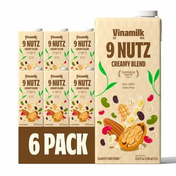 Vinamilk 9 Nutz Creamy Blend | Pack 6 | Oat Almond Walnut + Whole Soy Beans, Plant Based Milk, 33.8 Fl Oz Each, Light Sweet, Shelf Stable - Lactose Free, Dairy Free, Glyphosate Free