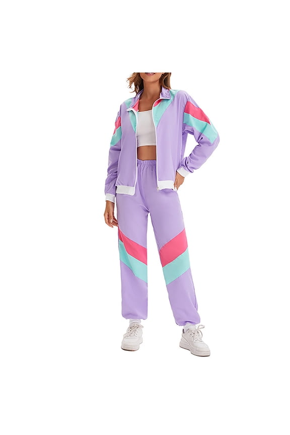 Vinatge 80s Tracksuit Outfit for Women Color Block 2 Piece Disco Outfits Stand Collar Windbreaker Jacket Jogging Suits