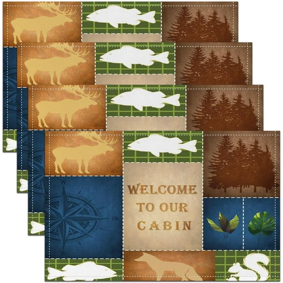 Vinatge Bear Table Place Mats Deer Hunting Placemats Rustic Cabin Country Fish Washable Fabric Decoration Table Mats Placemat Breathable Rabbit Plaid Blue Table Mats for Kitchen Decor 18"x12"