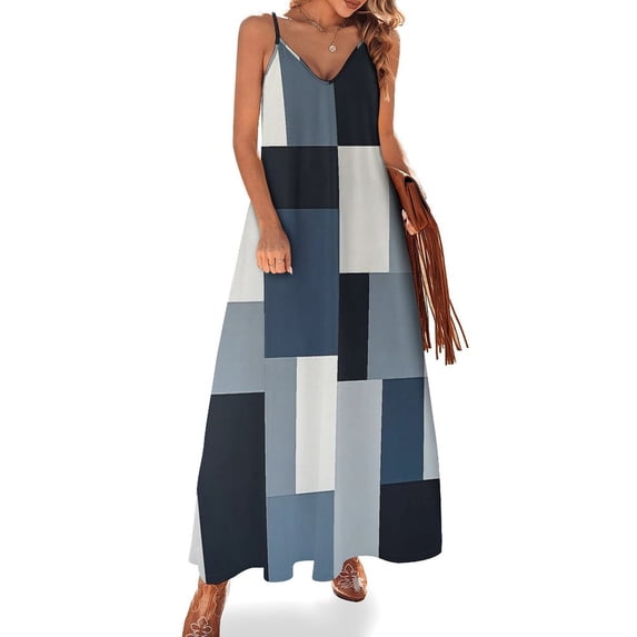 Vinatge Geometric Abstract Art Gray Black Blue Sleeveless Suspender Dress Summer Fashion Casual Long Dress