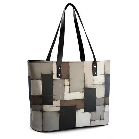 Vinatge Geometric Abstract Art Gray Black Brown Woman Leather Handbags Large Tote Bag Fashion Portable Handbags With Zipper