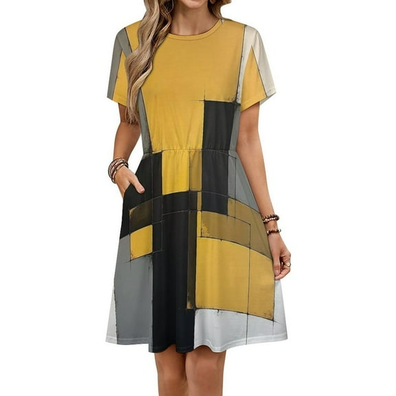 Vinatge Geometric Abstract Art Yellow Gray Black Dress Fashion Beach Short Sleeve Dresses Female Party Printed Sundress
