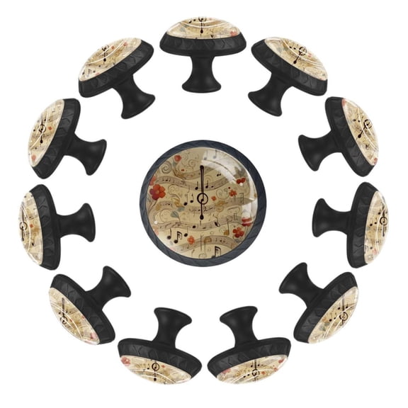 Vinatge Musci Notes with Flowers 35MM Round Glass Cabinet Knobs, Kitchen Knobs for Drawer Dresser Cupboard Wardrobe Modern Pulls Handles Hardware, Set of 12