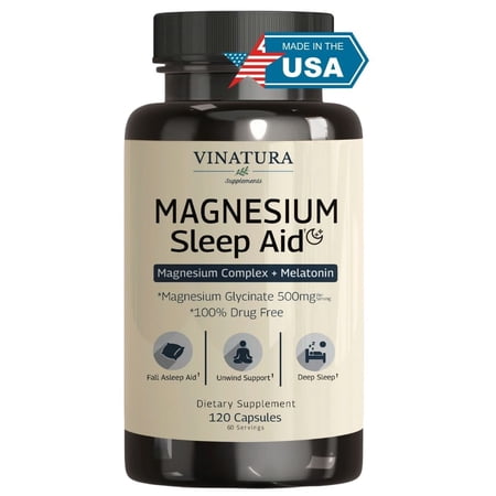 Vinatura Magnesium Sleep Aid - Magnesium Glycinate Complex for Sleep with Melatonin Supplement - Glycinate 500mg, L-Theanine - 120 Capsules