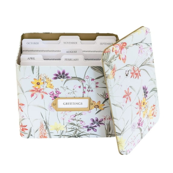 Vinca Blue Greeting Card Organizer Storage Box with Dividers, Cards, and Envelopes (Botanical)