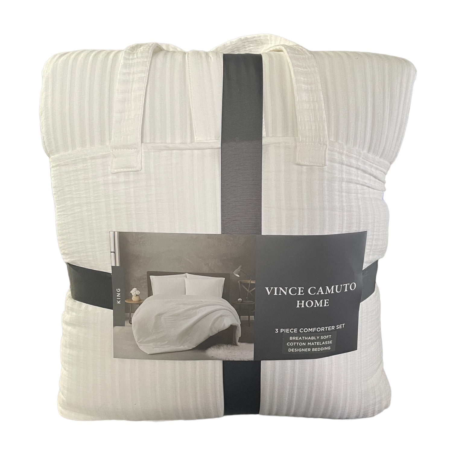 Vince Camuto 3 Piece Comforter Set with Bonus Tote, White (King