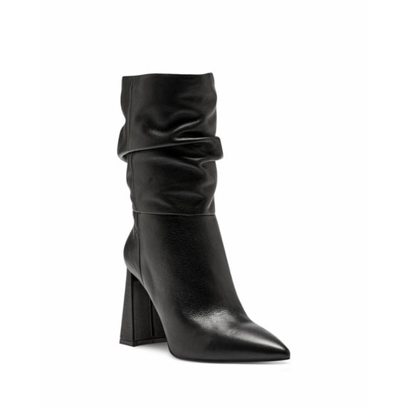Vince Camuto AMBIE Black Leather Slouch Pointed Boot Mid Calf Block Heel Booties (5.5, BLACK)