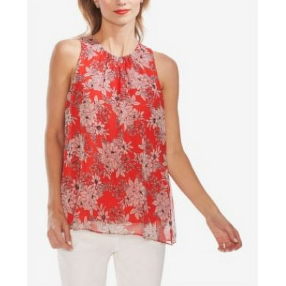 Vince Camuto Botanica Floral High-Neck Top, Crimson Red, Petite Small
