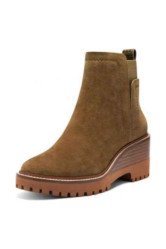 Dendra Utility Green Suede Wedge Gore Bootie Ankle Heeled Boot