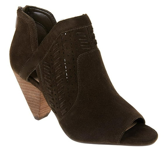 Vince Camuto Ebelin Dark Greenery Open Toe Bootie Stacked Heel Suede Booties (Dark Greenery, 8.5)