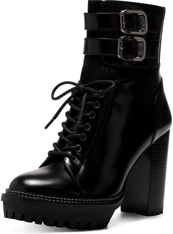 Vince Camuto Everna Black Leather Lace Up Lug Sole Block Heel Platform Bootie (Black, 6)