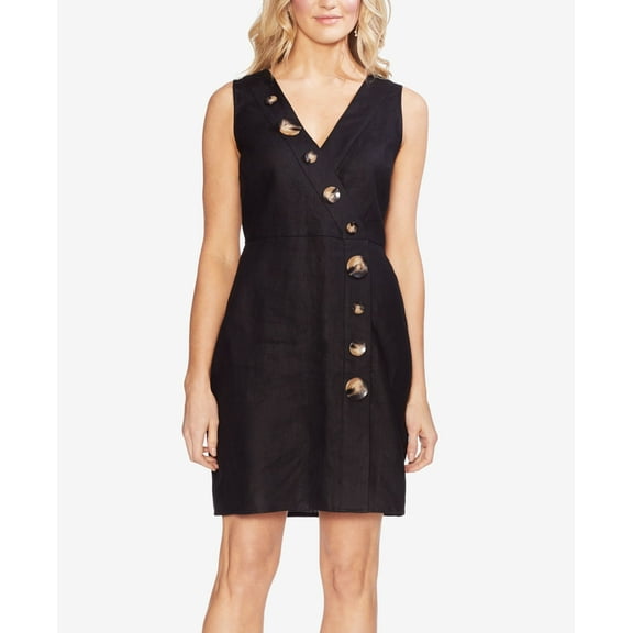 Vince Camuto Faux Wrap Linen Dress With Tortoise Look Buttons Rich Black 14