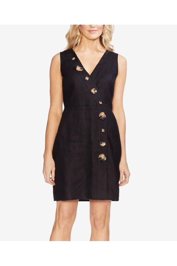 Faux Wrap Linen Dress With Tortoise Look Buttons Rich Black 14