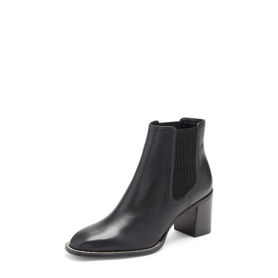 Vince Camuto Jentilliy Black Leather Block Heel Almond Toe Booties Chelsea Boots (Black, 6.5)