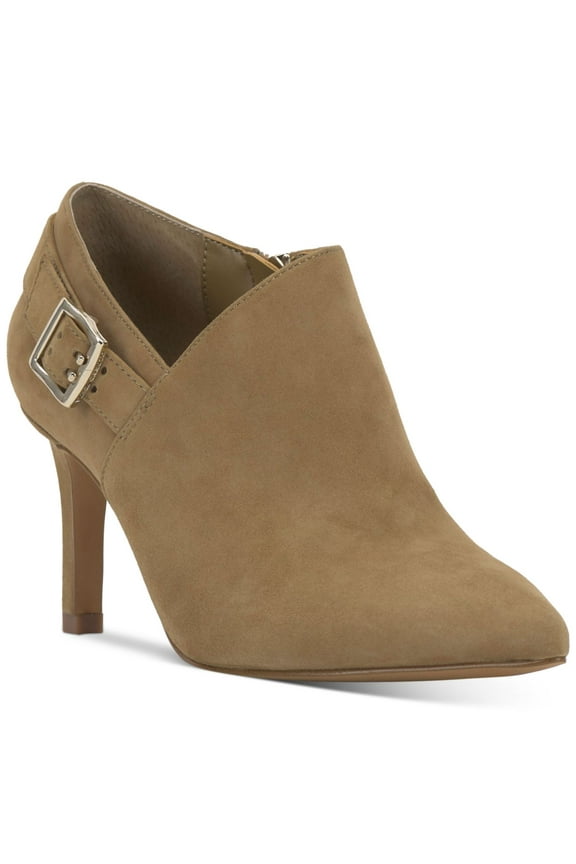 Womens Beige Buckled Ankle Strap Accent Padded Kreitha Pointed Toe Stiletto Zip-Up Leather Booties 9 M
