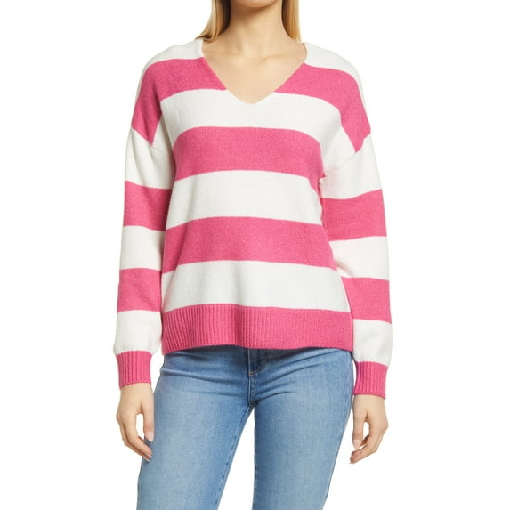Vince Camuto LEGACY PINK Women's Cozy V-Neck Striped Sweater L