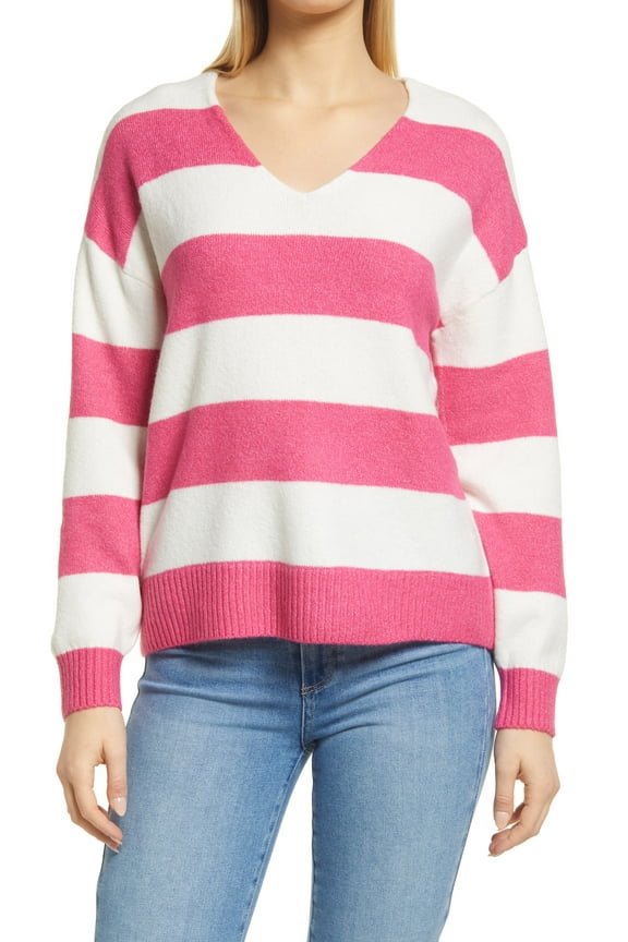 LEGACY PINK Women's Cozy V-Neck Striped Sweater L