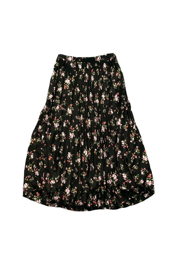Ladies Detailed Pull On Pleated Midi Skirt (Black Ground Floral, S)