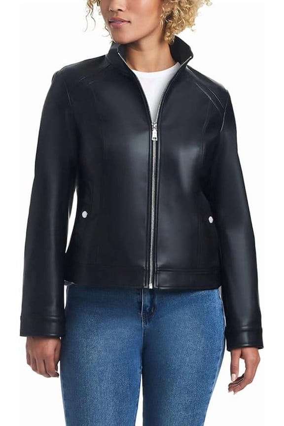 Leather, Mock Neck, Center Front Zipper Closure, Fashion Jacket, Women's, Medium