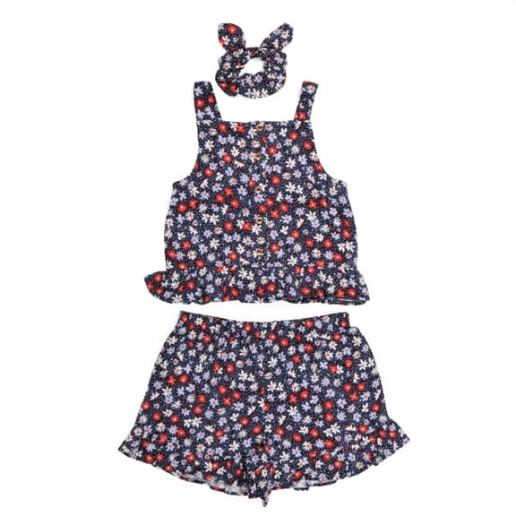 Vince Camuto Little Girl 2-Piece Floral Print Ruffle Trim Shorts and Tank Set (Navy, 6X)