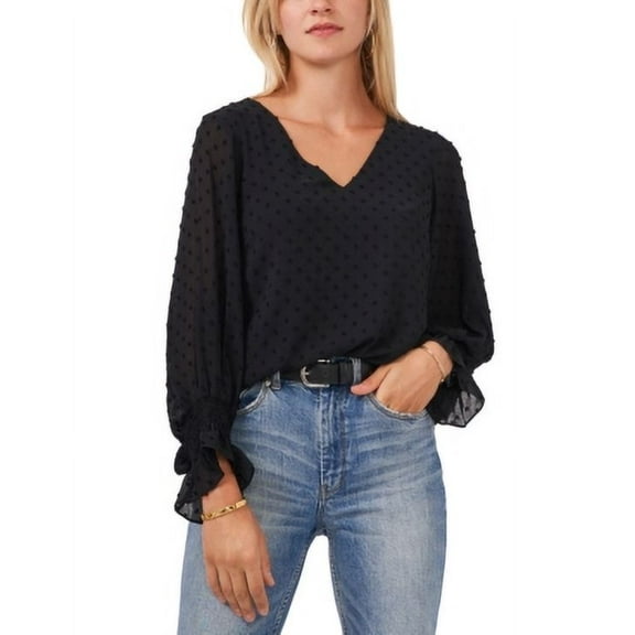 Vince Camuto Womens Clip Dot Smocked Cuff Ruffled Blouse, Black, Medium