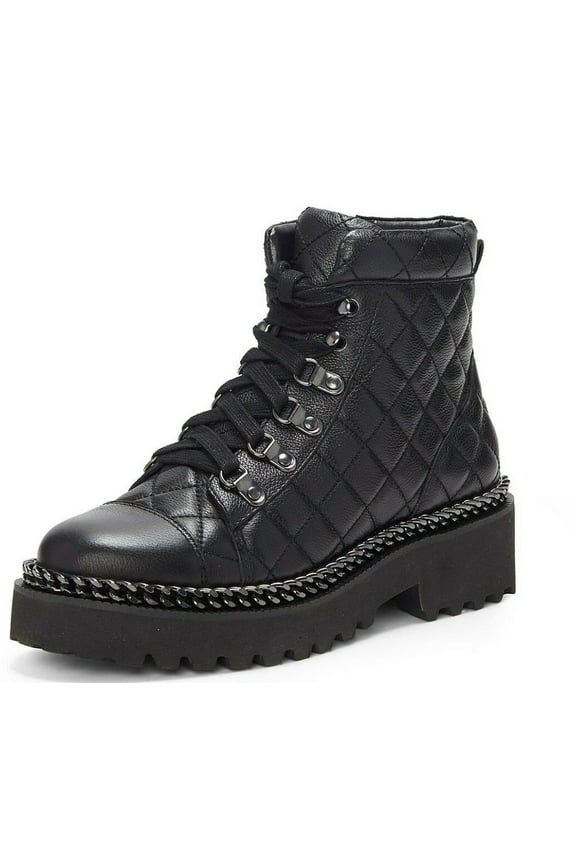 Maissa Black Quilted Combat Lace Up Lug Sole Moto Chic Ankle Boots (Black, 5)