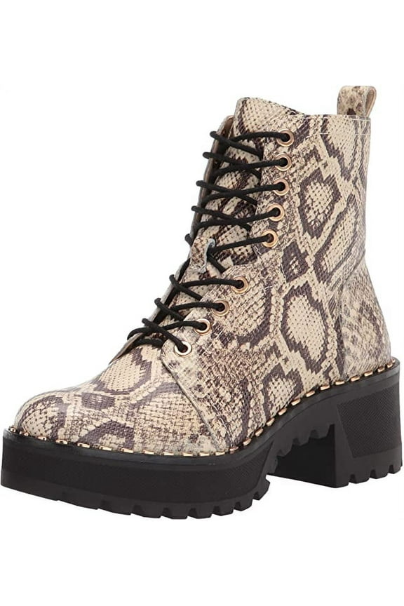 Mecale Natural Snake Chunky Heel Combat Booties Lace Up Moto Boots (Natural Snake, 5.5)