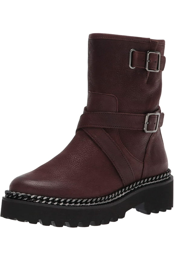 Messtia Burgundy Motorcycle Buckle Moto Chain Chunky Platform Boots (Grizzly, 7.5)